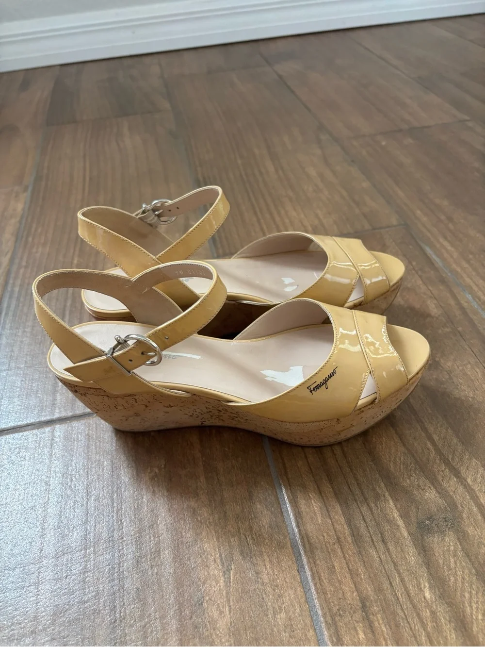 Salvatore Ferragamo Patent Leather My Sunset Cork Wedge Sandals Size 7.5 M